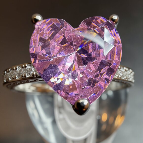 Pink Cubic Zirconia Heart Cut Ring Silver Tone Size 9 - Picture 1 of 10
